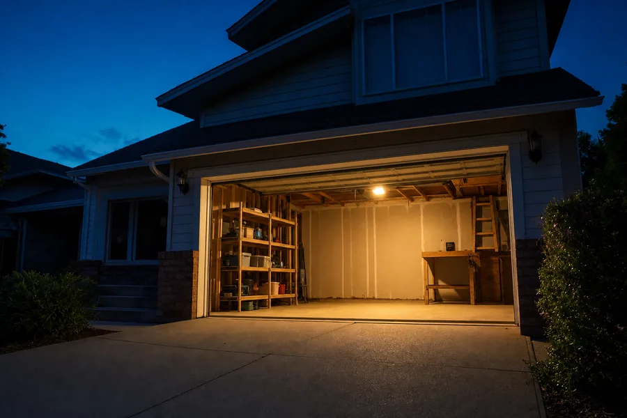 A garage door left standing open overnight in Denver, CO