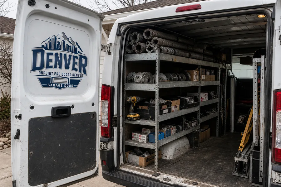 Inside the OnPoint Pro Doors Denver van: springs, rollers, drums and hinges stocked for Denver
