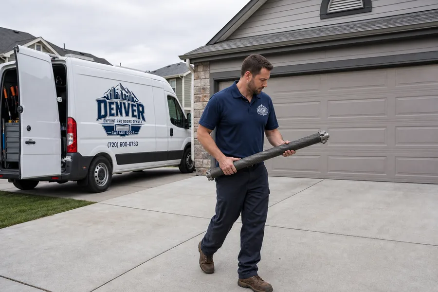 A OnPoint Pro Doors Denver technician bringing a torsion spring from the van in Denver, CO